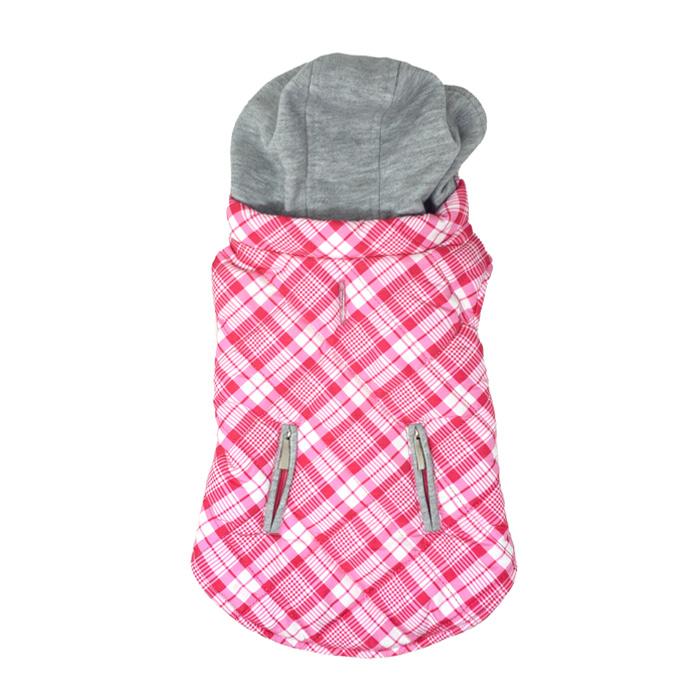 Dog coat with red plaid pattern and gray hood on a white background