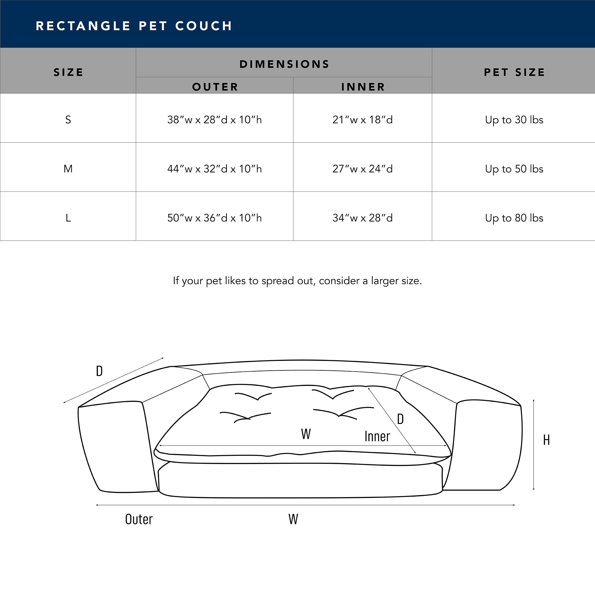 Rectangle Pet Couch, size chart