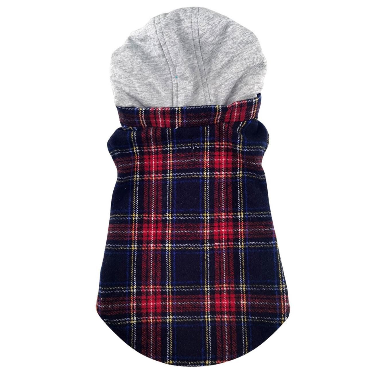 Plaid dog coat with gray hood on a white background