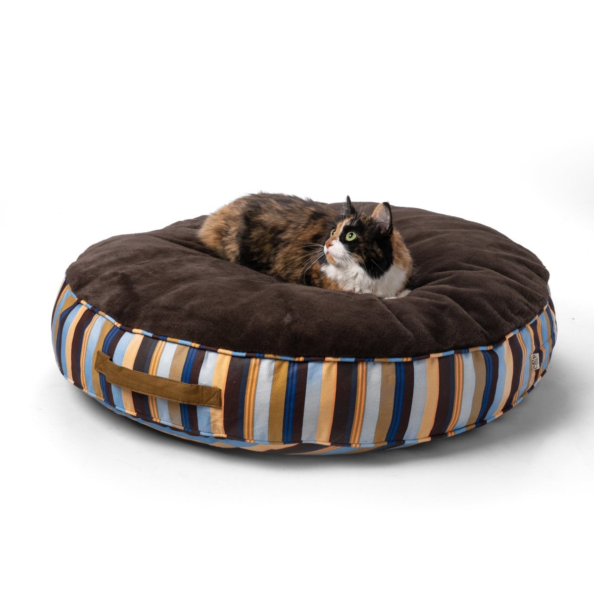 Round Bed | Brand Stripe, with a cat, angled view