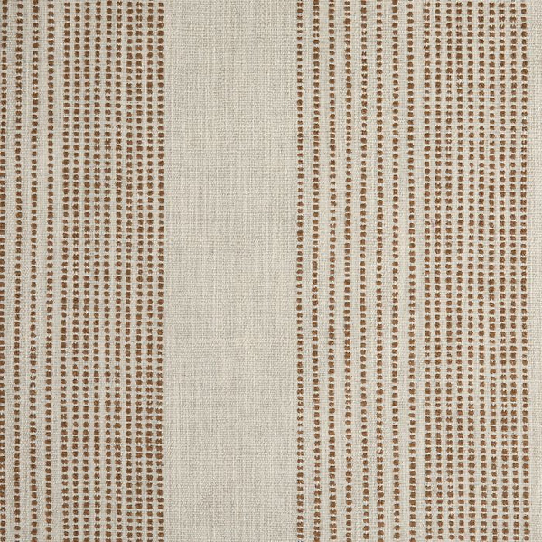 A close-up of a woven fabric or wallpaper pattern featuring a central vertical stripe in a warm beige/cream tone, flanked by two wider stripes on each side composed of small brown dotted vertical lines on a light beige background.