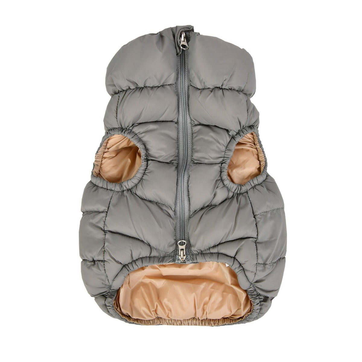 Gray puffer dog coat with beige interior on a white background