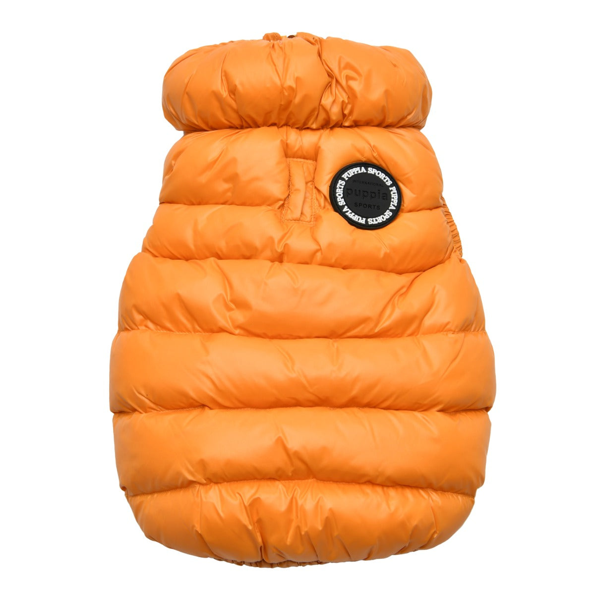 Orange puffer vest with a brand logo on a white background