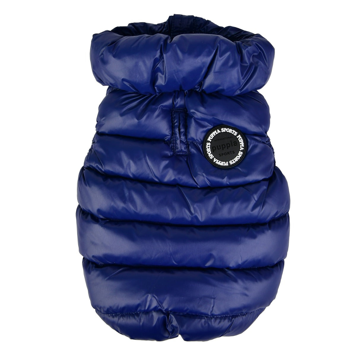 Blue puffer vest with a brand logo on a white background