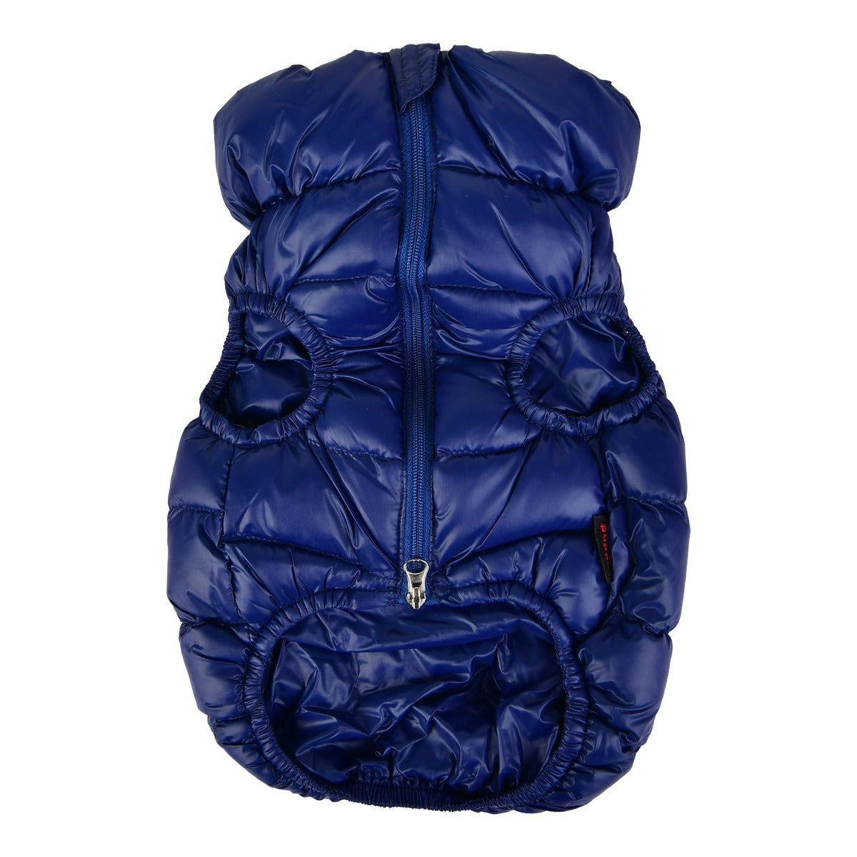 Blue puffer dog vest on a white background