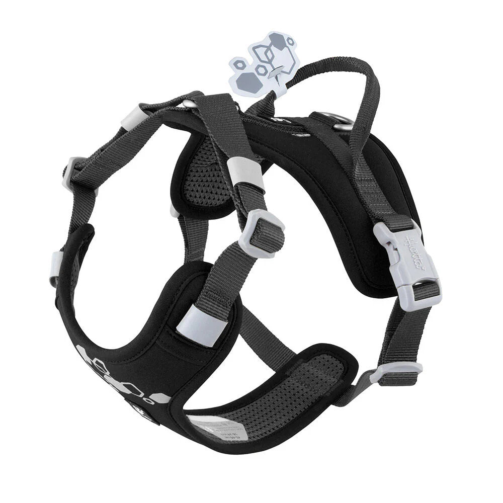 Black dog harness with gray accents on a white background