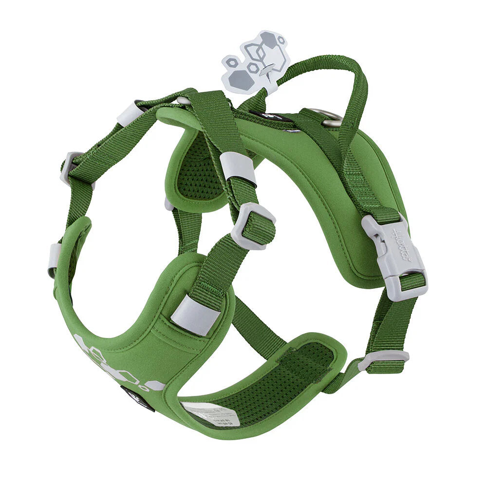 Green dog harness with white accents on a white background