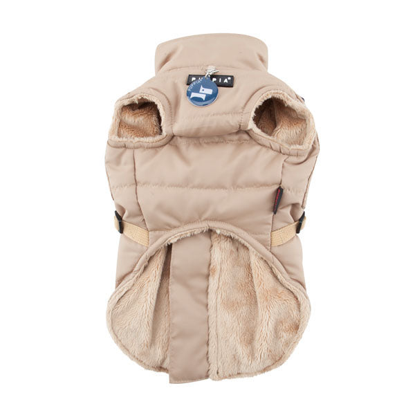 Beige dog coat with a brand tag on a white background